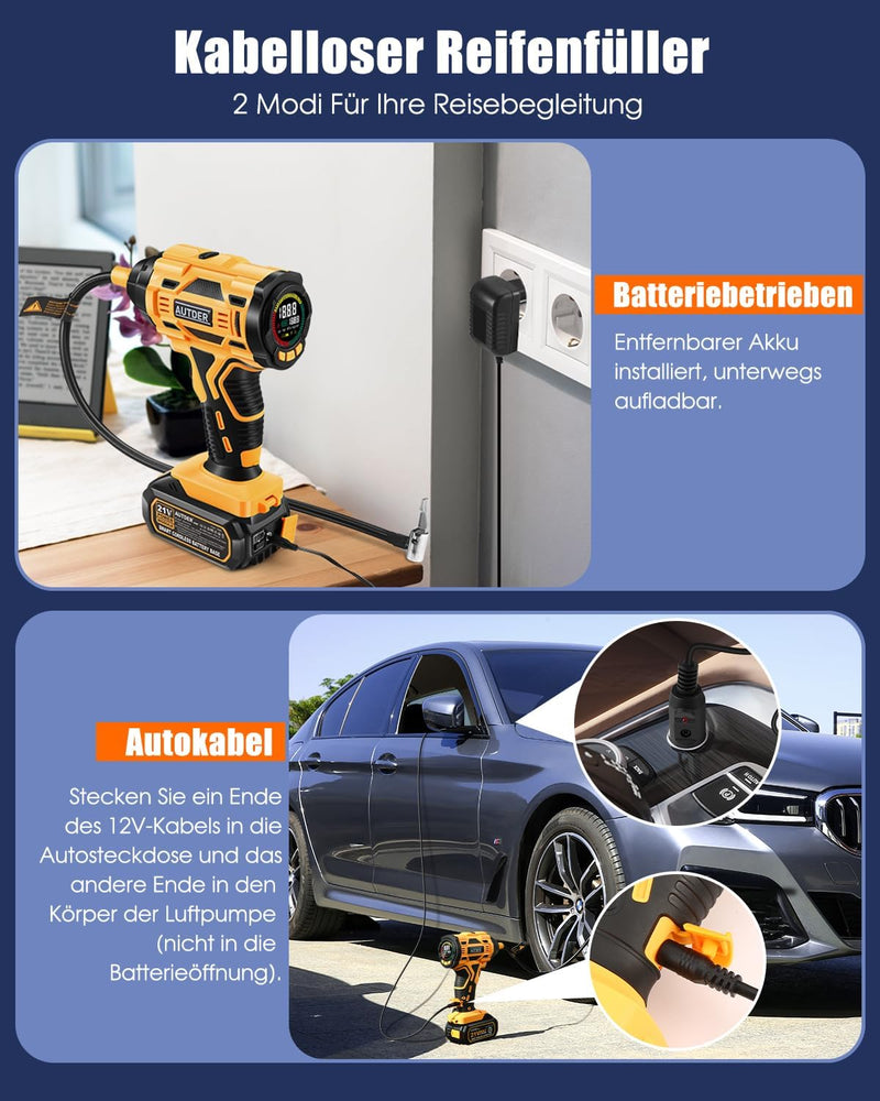 AUTDER Akku Kompressor, Luftkompressor, Tragbare Elektrische Luftpumpe mit 21V Akku und Auto-Netztei