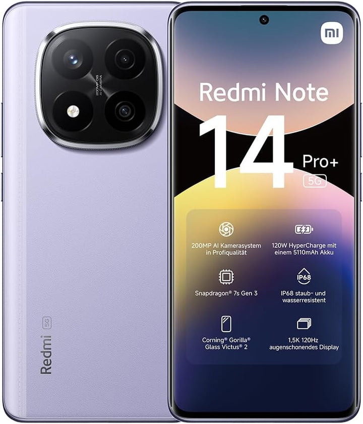 Xiaomi Redmi Note 14 Pro+ 5G Smartphone, 12 + 512GB, Purple, 200MP professionelle AI-Kamera, IP68, 1
