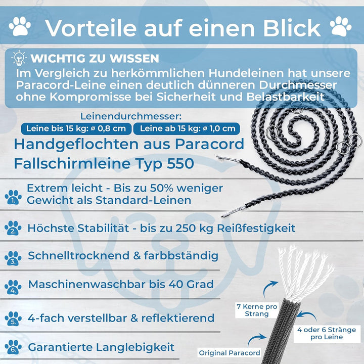Testnote: Sehr gut - Hundeleine reflektierend I 2m, verstellbar, wetterfest &amp; reissfest bis 250 kg I