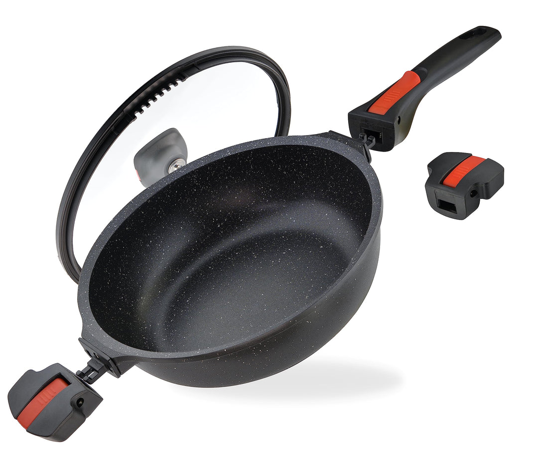 Linnuo Schmorpfanne Bratpfanne 28 cm hoher Rand, Aluguss Pfanne mit Deckel 28cm, abnehmbare Griffe,