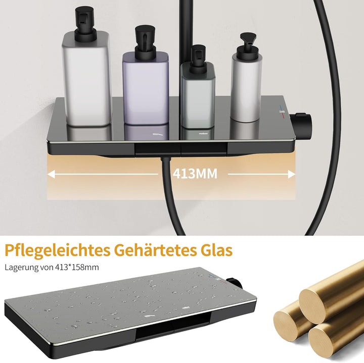 HOMELODY Duschsystem mit Thermostat &amp; Ablage, 2026 Neu Eckig Duschsystem ohne Armatur - 2 Klaviertas