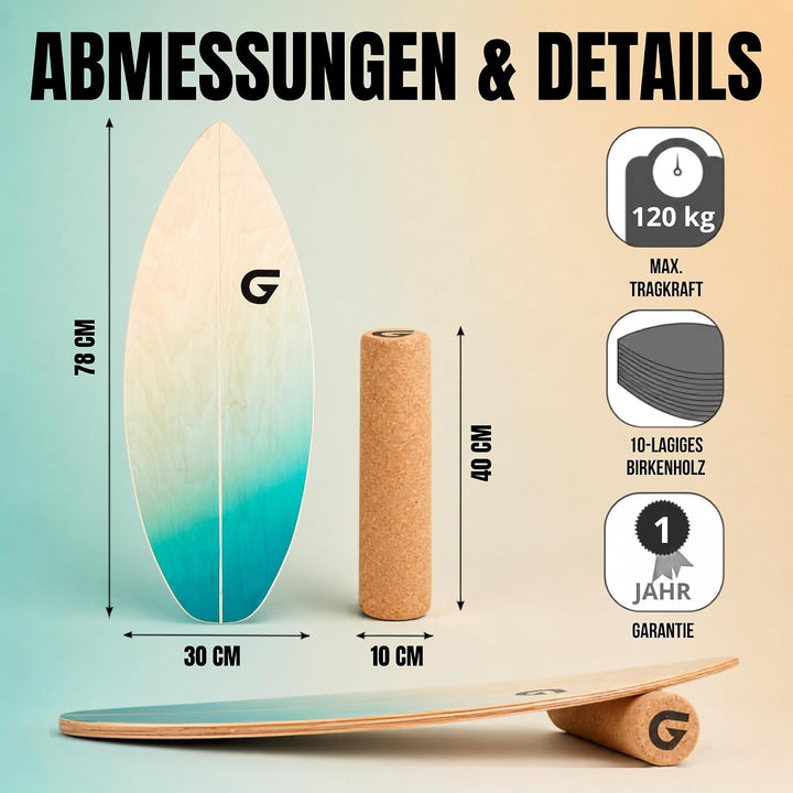 Glory Boards® Balance Board – Handmade - 100% Birkenholz - Inklusive Korkrolle - Optimal für Gleichg