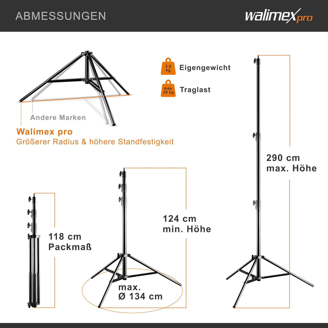 Walimex pro AIR Jumbo 290 Lampenstativ 290cm - luftgedämpftes Lichtstativ Aluminium, 2,9m max Höhe 2