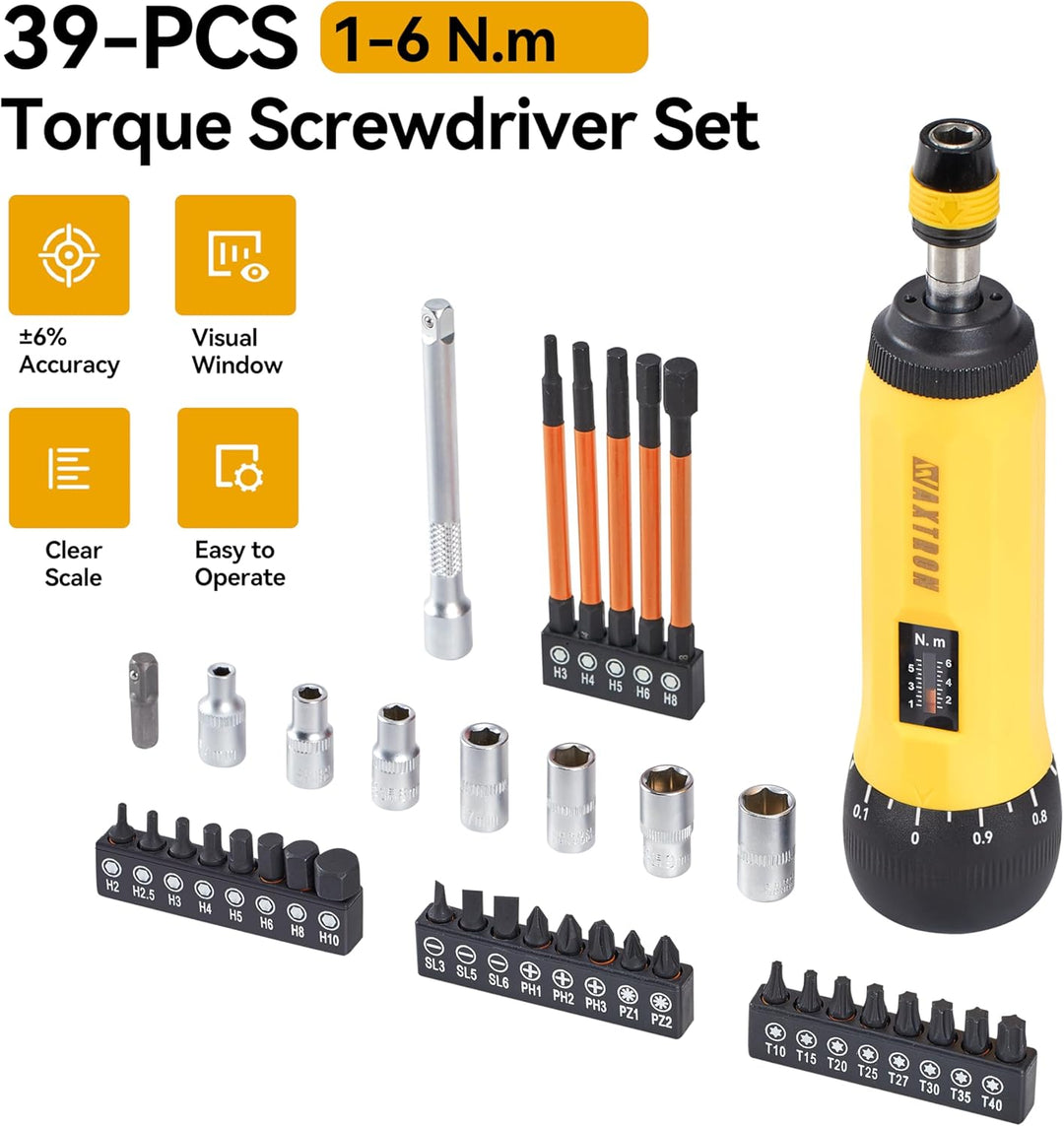 Schraubendreher Set 39-tlg., Drehmoment Schraubendreher klein 1/4 Zoll mit Bitsatz, Einstellbar von