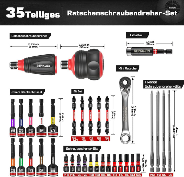 GEINXURN 35tlg. Stubby Ratschen-Schraubendreher-Set, 2-in-1 Stummelschrauber, Magnet Sechskant Steck