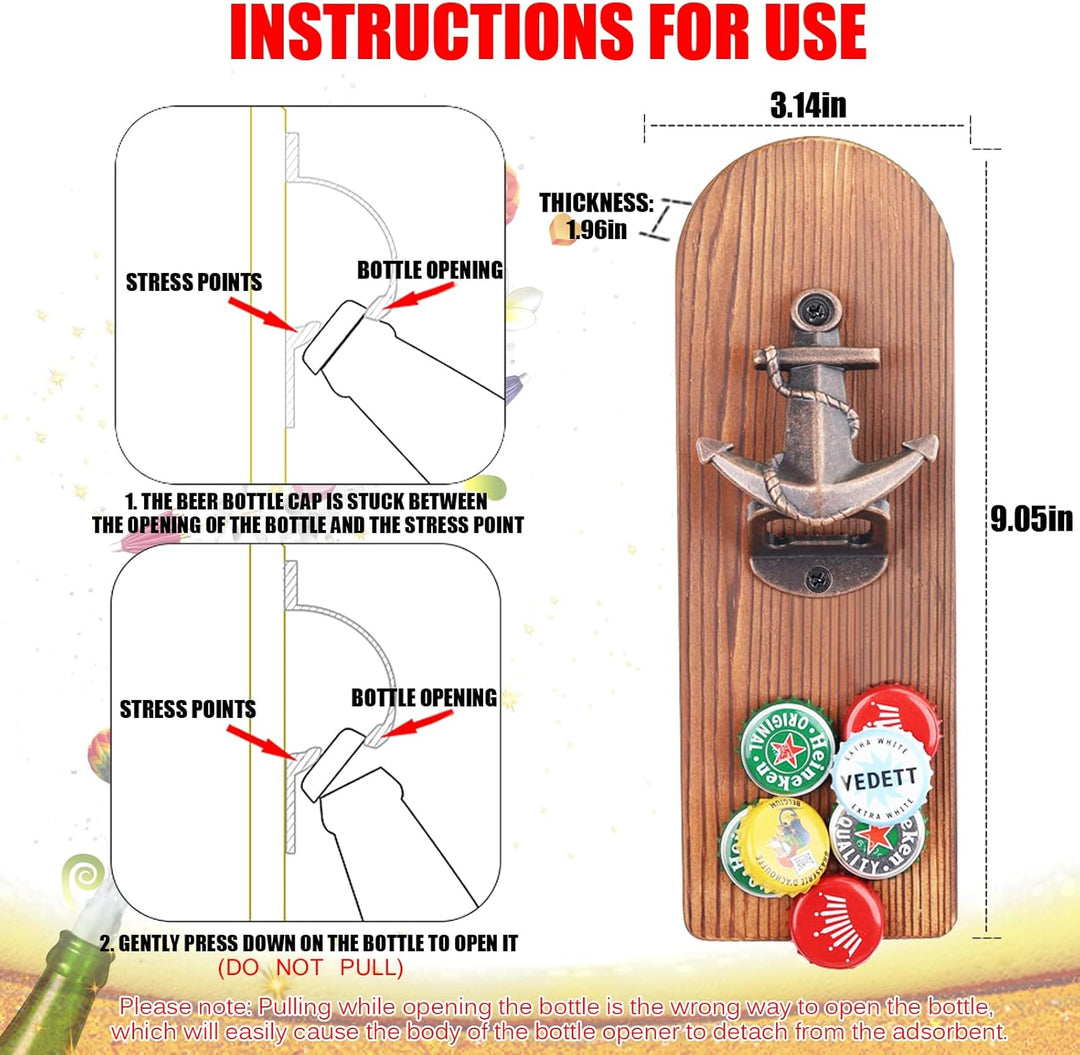 ZONSUSE Flaschenöffner Wand Magnet mit Auffangbehälter,Vintage Holz Bieröffner Wand mit Behälter,Mag