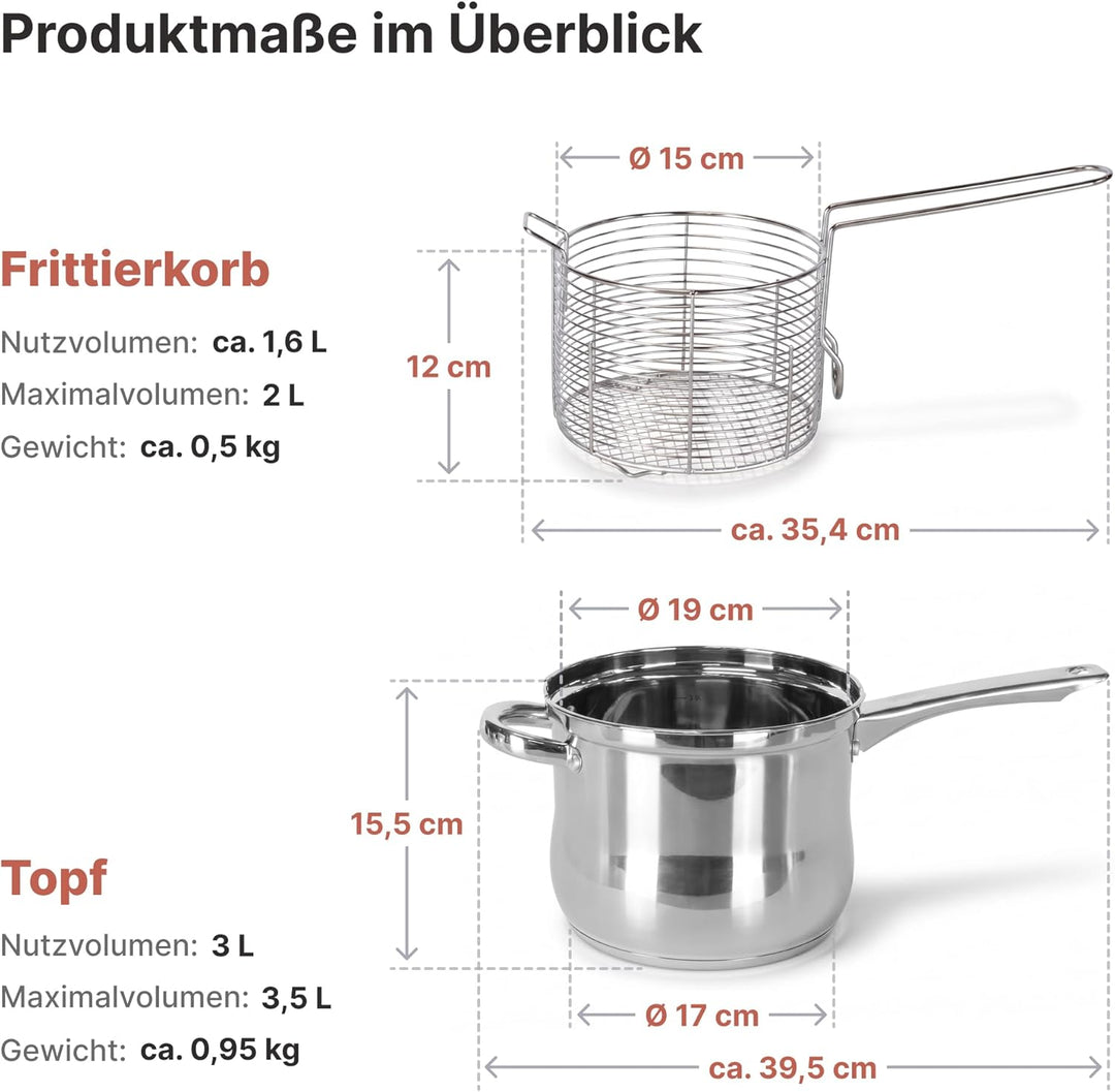 3.5L Frittiertopf Friteuse Frites Kochtopf Frittierpfanne Pommestopf mit Frittierkorb Pommes Indukti