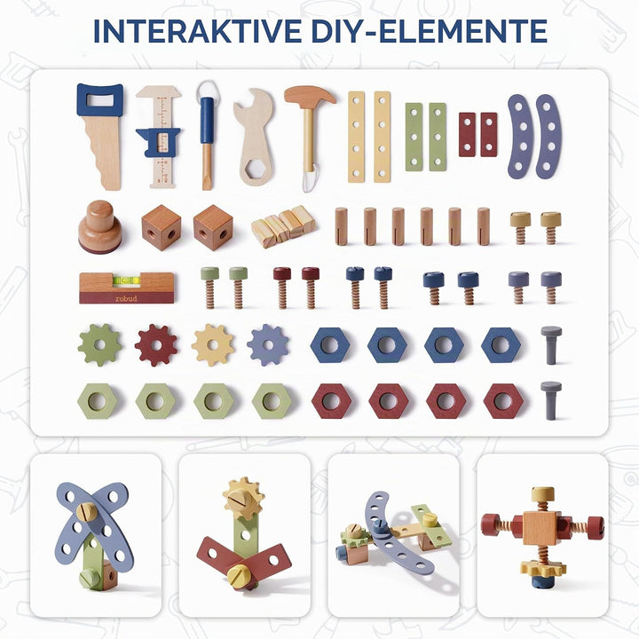 ROBUD Holzspielzeug Werkbank, Grosses Kinder Holz Spielwerkzeug, Pretend Play Creative Building Set,