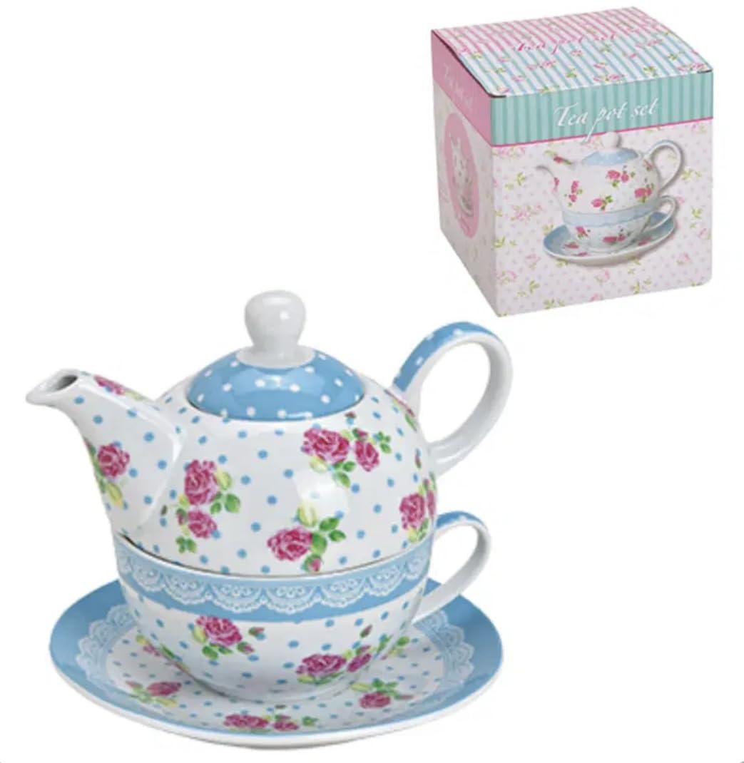 Porzellan-Teekannen-Set Tea for One mit Teekanne, Tasse und Unterteller, 3-teilig in Geschenkbox (Bl