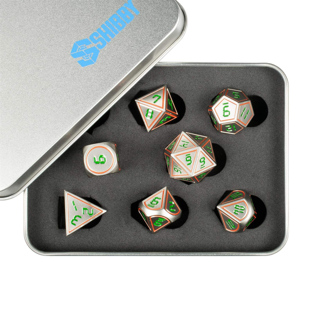 shibby 7 polyedrische Metall-Würfel für Rollen- und Tabletopspiele in Digital Optik D3 inkl. Aufbewa