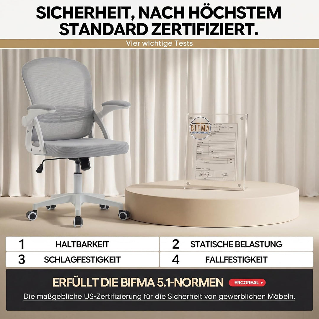 Ergonomischer Bürostuhl, 90-110° Verstellbare Rückenlehne & Aufklappbare Armlehnen (90°), Bürostuhl