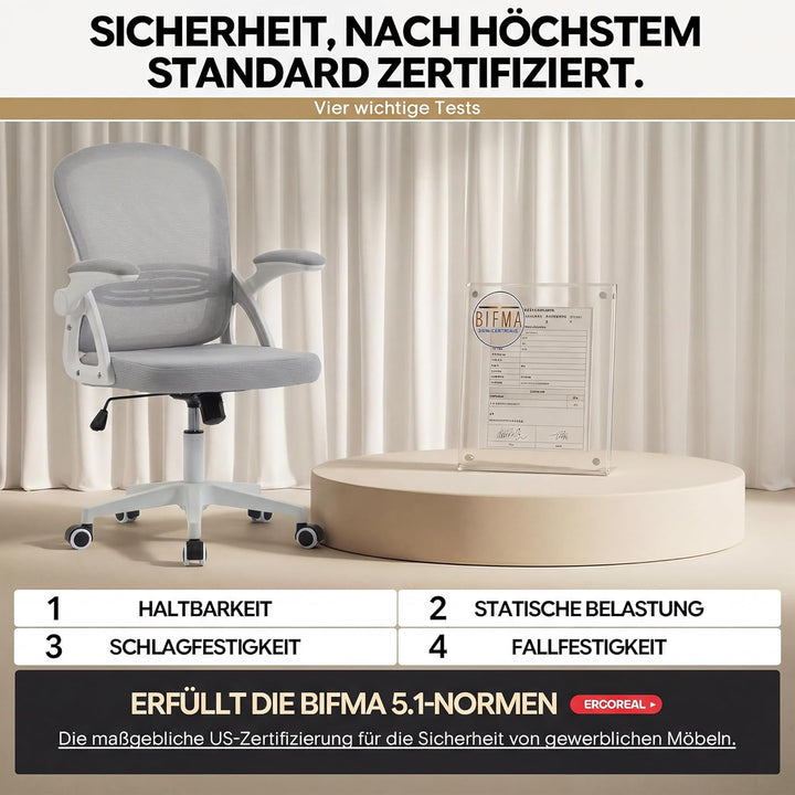 Ergonomischer Bürostuhl, 90-110° Verstellbare Rückenlehne & Aufklappbare Armlehnen (90°), Bürostuhl