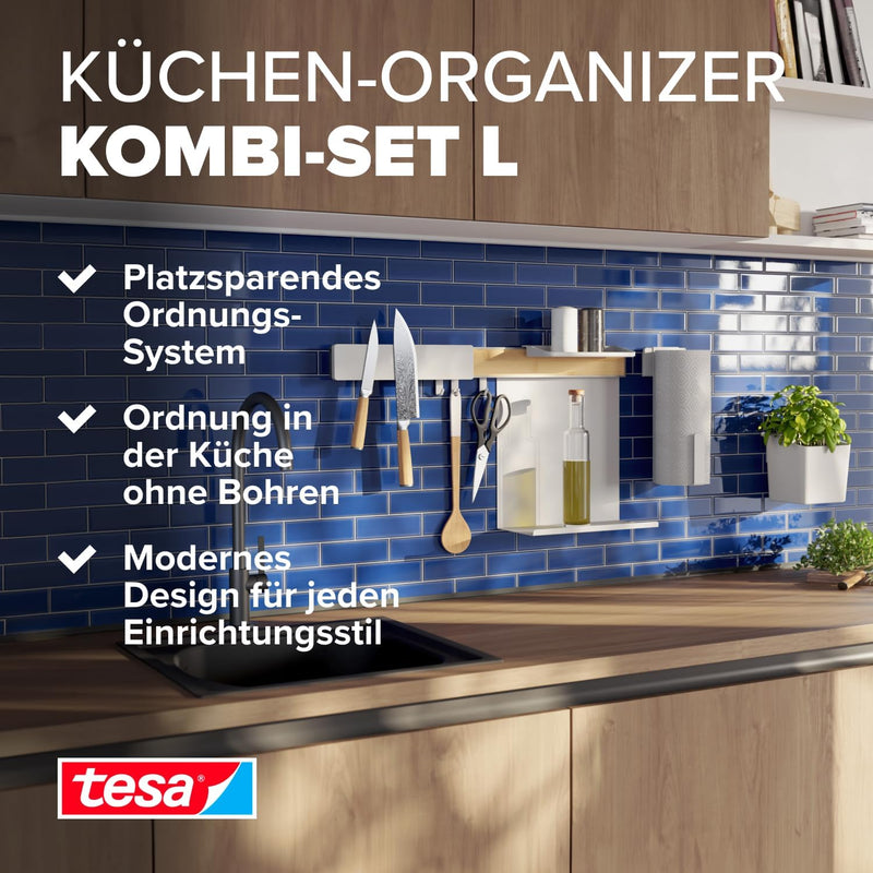 tesa Küchen-Organizer Kombi-Set L - selbstklebende Küchenleiste mit Kräutertopf, 2 Ablagen, Messerha