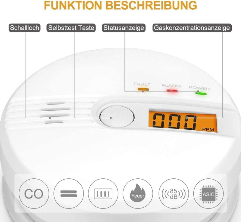 Kohlenmonoxid Warnmelder LCD Anzeige CO Melder 85Db Alarm Kohlenmonoxidsensor Kohlenmonoxid Melder m