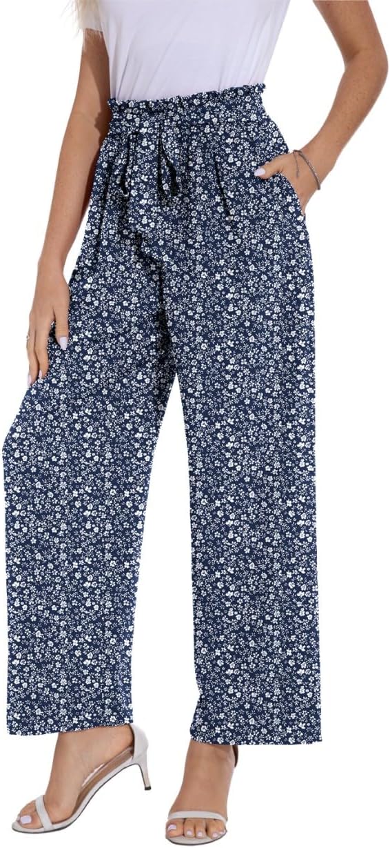 PrinStory Damen Hose Mit Weitem Bein Leichte Elastische Taille Sommer Hose Mit Taschen Kausale Arbei
