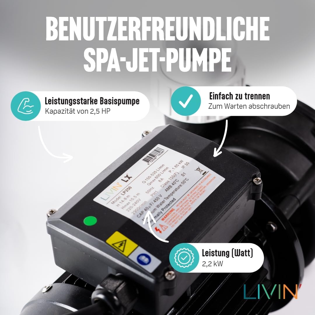 LIVIN' LX LP250 Jet poolpumpen - Whirlpool Filterpumpe 1,85 kW / 2,5 HP & 600 L/Min Poolpumpe über d