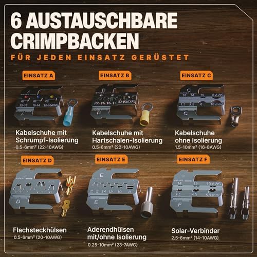 BAURIX® Crimpzange mit 6 Wechselbacken &amp; Abisolierzange inkl. 700 Kabelschuhe fur 0,5–6 mm² Kabel –