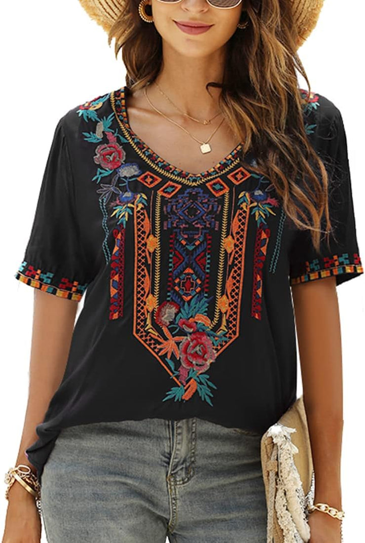 Seasonal Tunika Damen Sommer Boho Bluse Folklore Stickerei Oberteil Trachten Hippie Kleidung Kurzarm