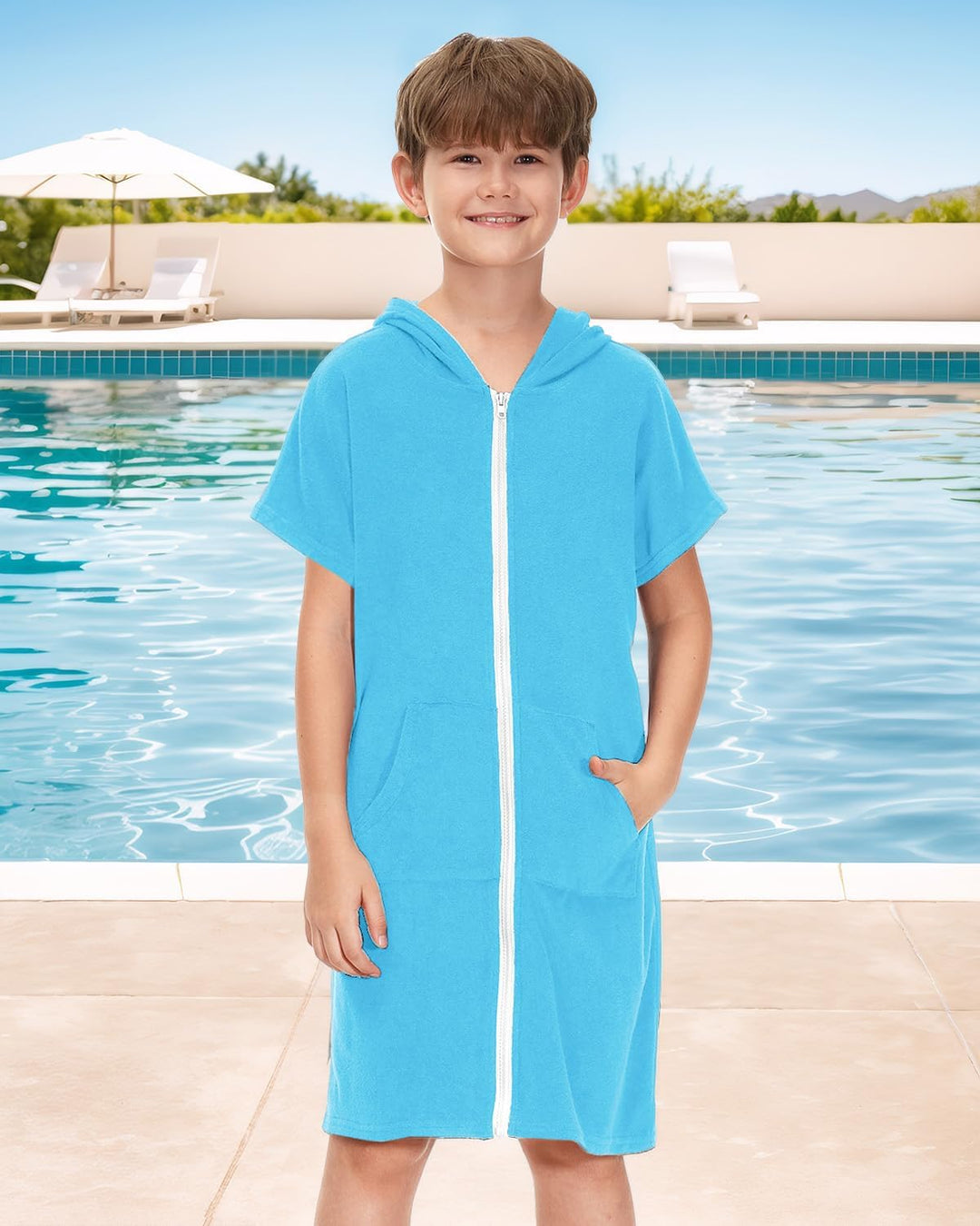 BesserBay Mädchen Badeponcho Kapuze Poncho mit Taschen Zip Cover Up Kinder Unisex 120-160, 120 Blau