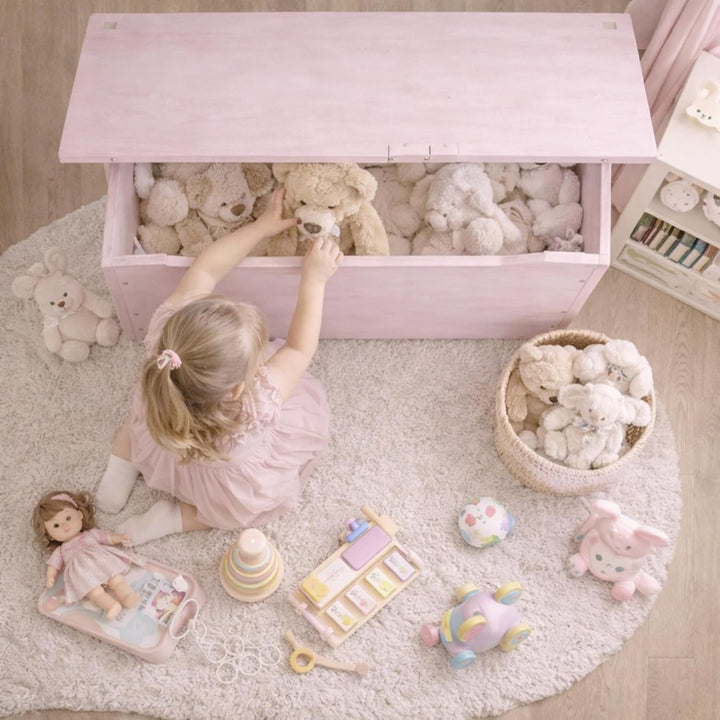 Pinus Spielzeugkiste 90x48x51 cm mit Deckel Rollen Kinderzimmer Rosa | Kiefernholz, grosse Aufbewahr