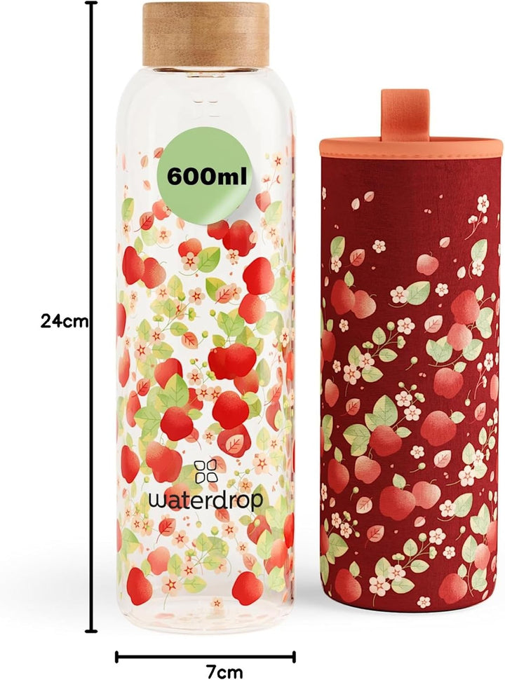 waterdrop® Flasche aus Glas 600ml - Trinkflasche Kohlensäure geeignet, BPA fei & spülmaschinenfest -