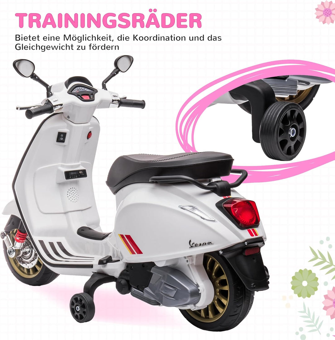 AIYAPLAY Elektro Kindermotorrad, Vespa 6V Elektromotorrad mit MP3, USB, FM-Radio, LED-Scheinwerfer,