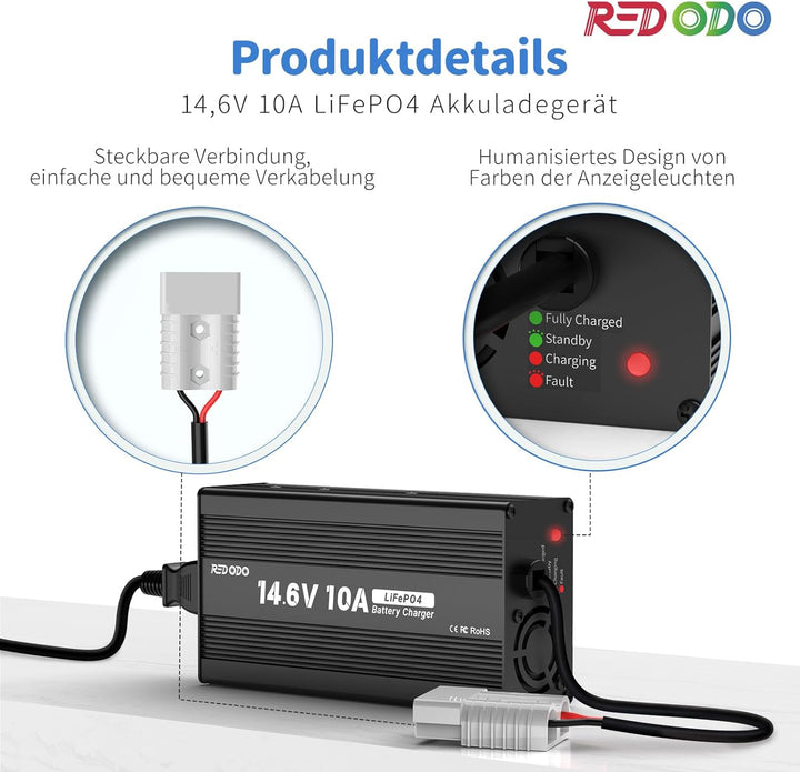 Redodo 12V 100Ah LiFePO4 Batterie mit 10A Ladegerät, Niedertemperaturschutz, Trolling-Motor Batterie