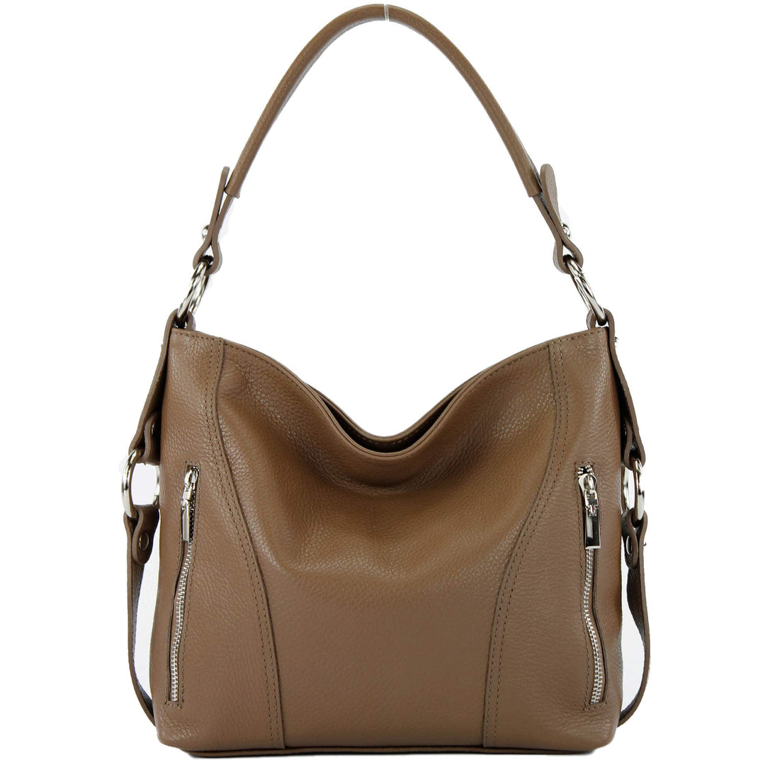 modamoda de - T202 - ital. Damen Henkeltasche Schultertasche aus Leder Blassbraun, Blassbraun