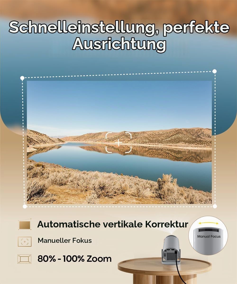 Automatische Trapezkorrektur Mini Tragbarer Beamer, 4K/ 200 ANSI Smart Projektor mit WiFi6, BT 5.0,