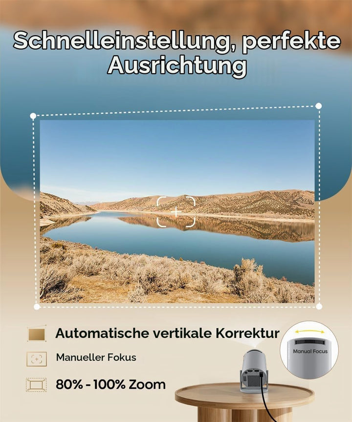 Automatische Trapezkorrektur Mini Tragbarer Beamer, 4K/ 200 ANSI Smart Projektor mit WiFi6, BT 5.0,