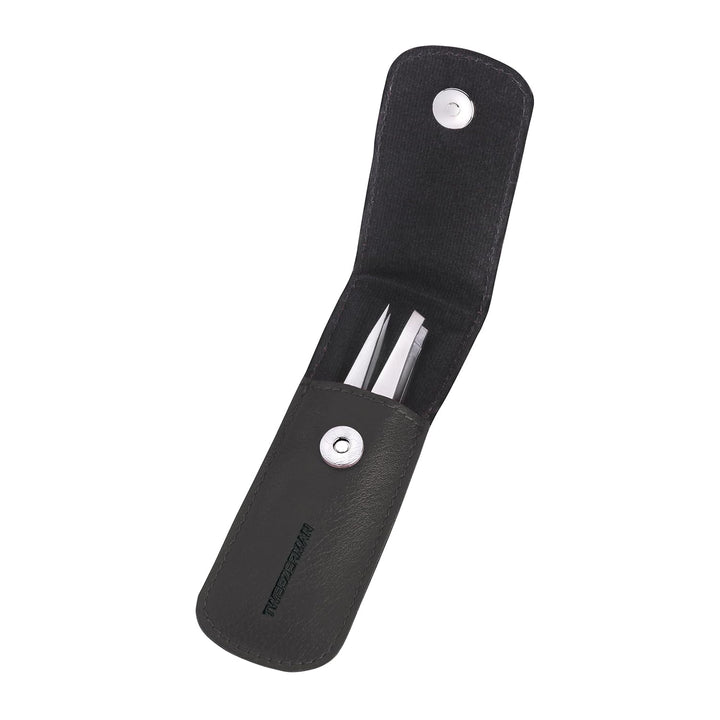 TWEEZERMAN Pinzetten Set mit Leder-Etui aus Rostfreiem Edelstahl, Schräge und Spitze Ausfürhung, Sch
