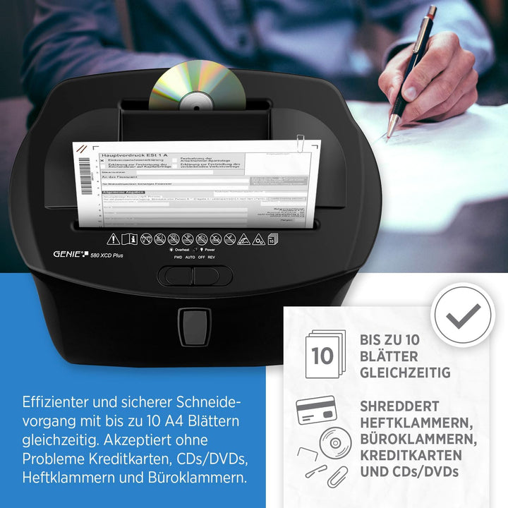 Genie 580XCD Plus Aktenvernichter | Papierschredder | Partikelschnitt | Schredder bis 10 Blatt | CD/