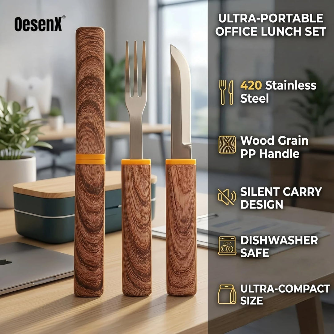 Reisebesteck Set, 2-teilig, Messer und Gabel 2-in-1 Trennbar, Edelstahl Besteck to go mit Etui für L