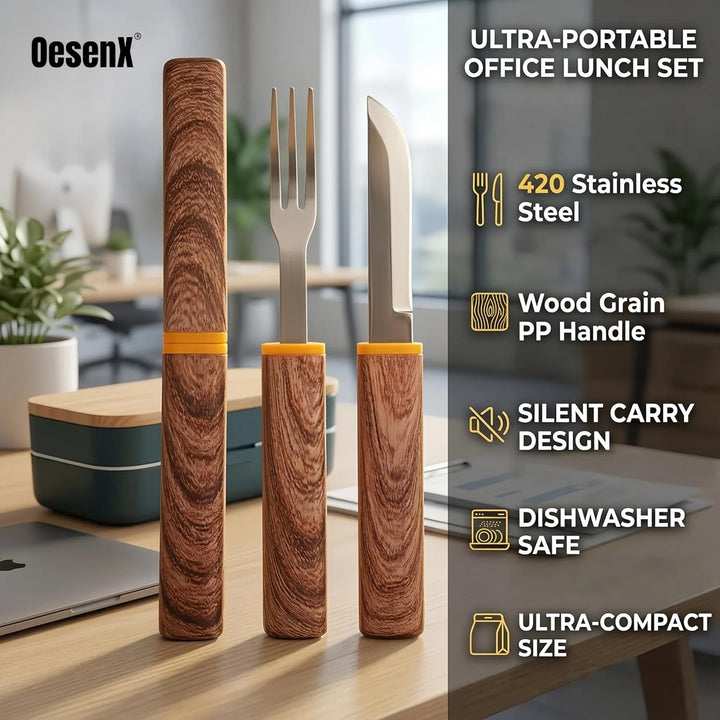Reisebesteck Set, 2-teilig, Messer und Gabel 2-in-1 Trennbar, Edelstahl Besteck to go mit Etui für L