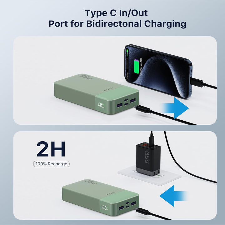 JUOVI J2651 Power Bank, 35W 20000mAh USB C In &amp; Out Power Bank, Akku-Pack mit QC3.0+PD3.0 35W High-S