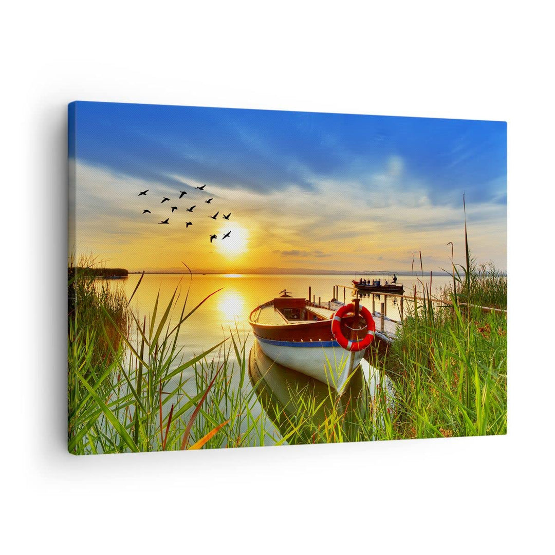 Bilder auf Leinwand Boot See Sonnenuntergang Sommer Menschen Leinwandbild 70x50cm Wandbilder Dekorat