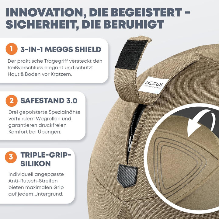 MEGGS® Stoff-Sitzball 65cm, Ergonomisch Sitzen im Büro & Zuhause, [Wegrollschutz & Platz-Sicher], Pe
