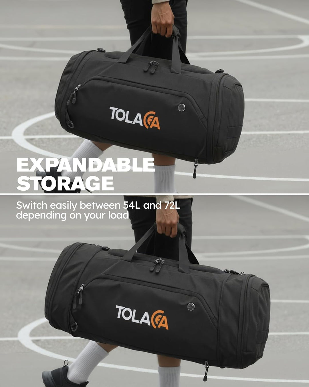Tolaccea Sporttasche 56–70L für Herren & Damen– Erweiterbare Reisetasche mit Schuhfach & Nassfach, a