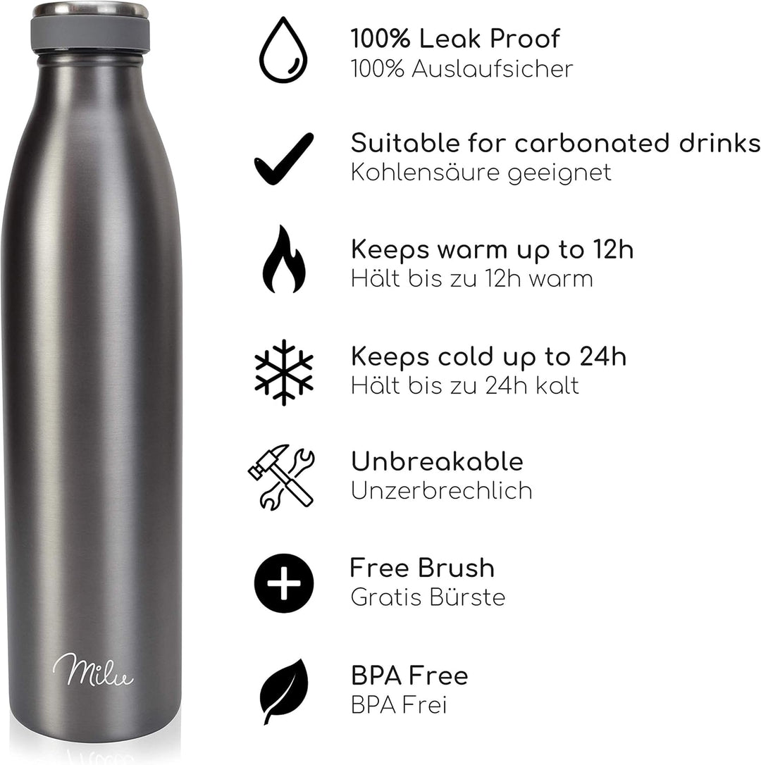 Milu Edelstahl Trinkflasche 350ml 500ml 750ml 1L 1,5L Thermosflasche, Isolierte Wasserflasche, Ausla