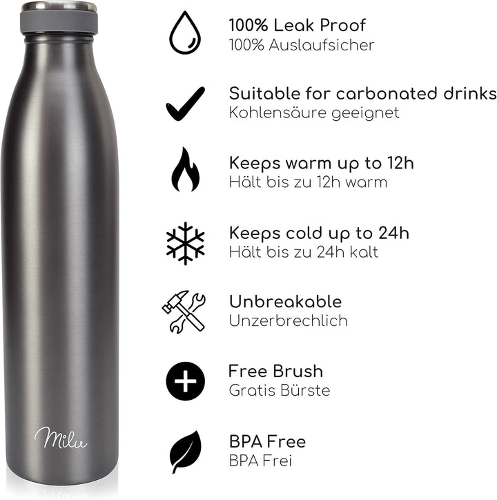 Milu Edelstahl Trinkflasche 350ml 500ml 750ml 1L 1,5L Thermosflasche, Isolierte Wasserflasche, Ausla