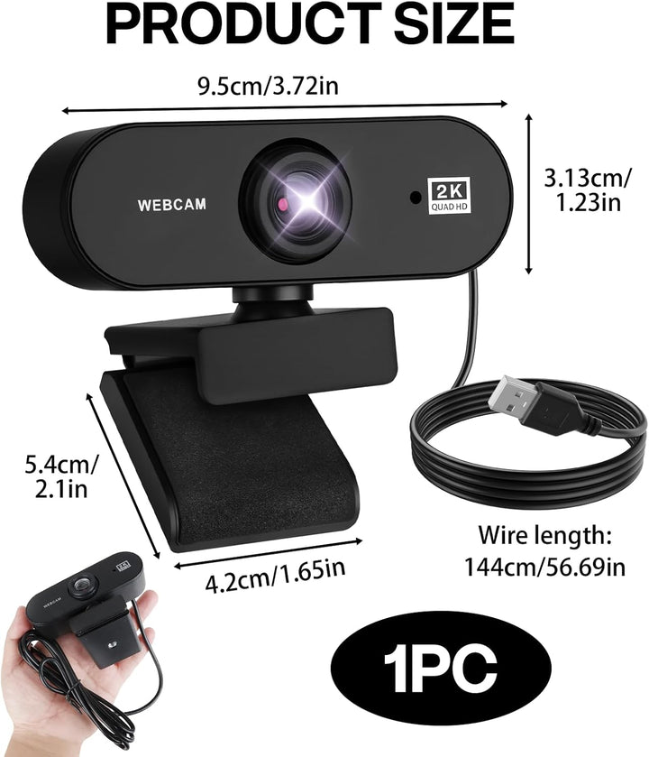 Webcam 2K 30FPS, Full HD Kamera USB PC Micro Winkel Verstellbar 80°Sichtfeld Plug and Play für Compu