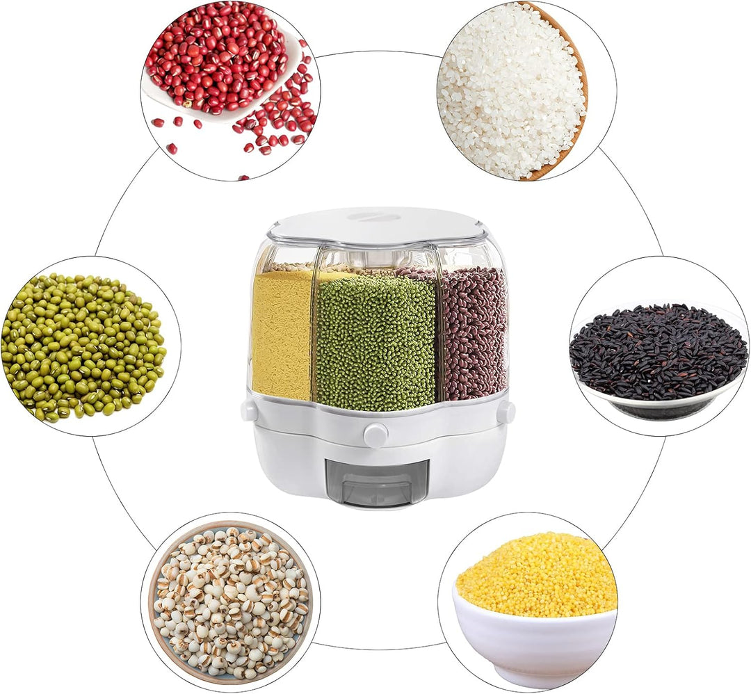 6 IN 1 Getreidespender 8KG 360°Drehung Müslispender Küche Geteilte Trockenfutterbehälter Luftdicht L