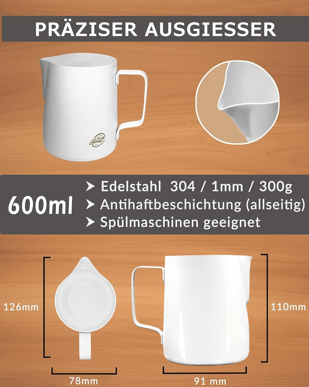 Pro@Home43 - Barista Milchkännchen Edelstahl weiss 600ml (auch 350ml) inkl. Latte Art Stift/Milchsch