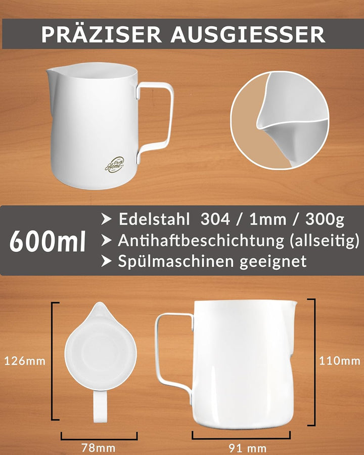 Pro@Home43 - Barista Milchkännchen Edelstahl weiss 600ml (auch 350ml) inkl. Latte Art Stift/Milchsch