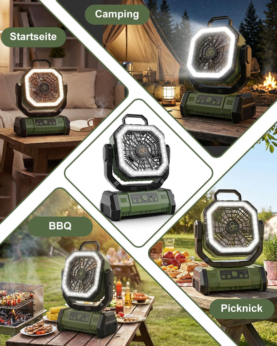 Tragbarer Campingventilator, [20000mAh] Camping Ventilator mit LED-Licht, Leisem Schlafmodus/270° Dr