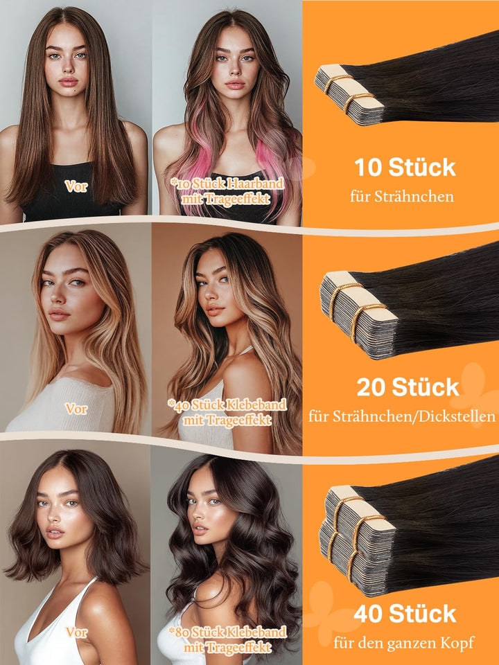 Extensions Echthaar Tape in, Balayage Natürliches Schwarz bis Hellblond 35cm (14zoll) 50g 20pcs, Ech