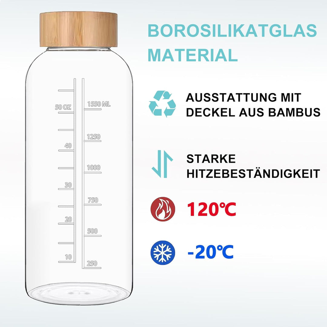RNCKUUE 2 Liter Glasflasche, 2l Glas Trinkglasche, Wasserflasche Glas mit Neoprenhülle, Bambusdeckel