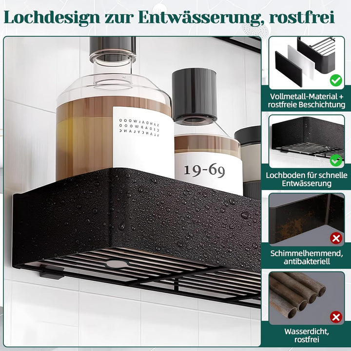 Duschablage Ohne Bohren Schwarz, 2 Stück Duschregal aus Metall mit 4 Haken - Wasserdichter, Schnellt