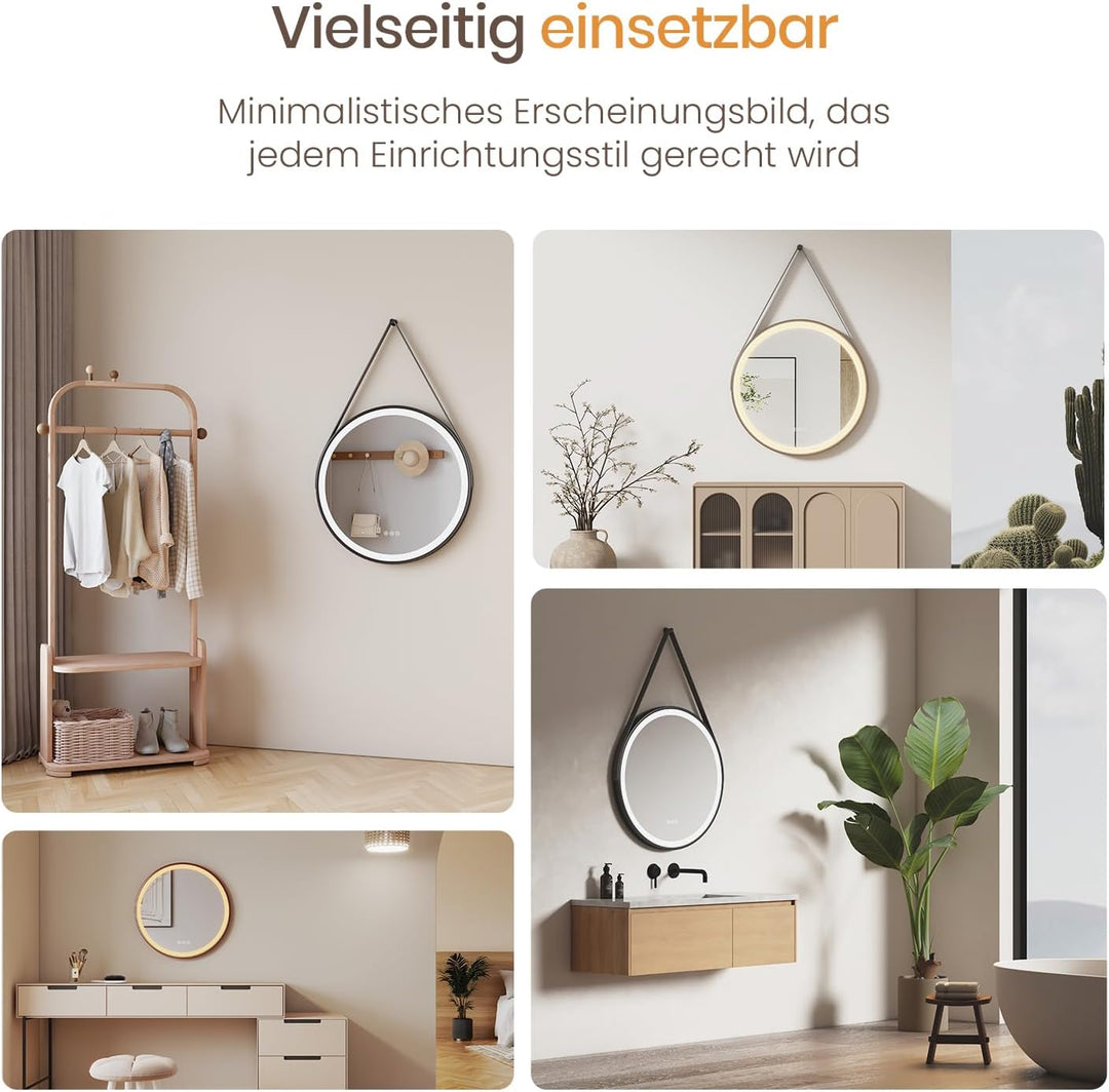 EMKE Badspiegel Rund Schwarz 80 cm, Antibeschlag | Badspiegel mit Beleuchtung und Touchschalter, 3 d