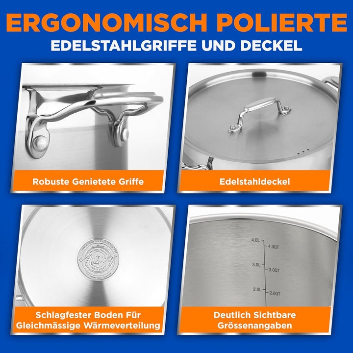 NutriChef Edelstahl Kochtopf 15,1L Induktion – Suppentopf mit Deckel, Profiqualität für Gastronomie